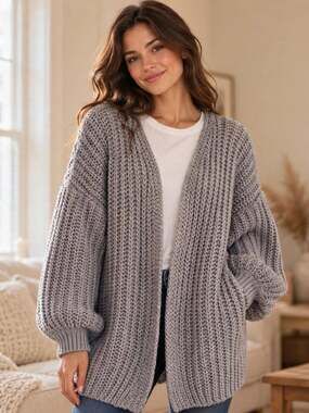 Chunky Knit Cocoon Cardigan OS Grey Oversized Balloon Sleeve Open Front Cozy